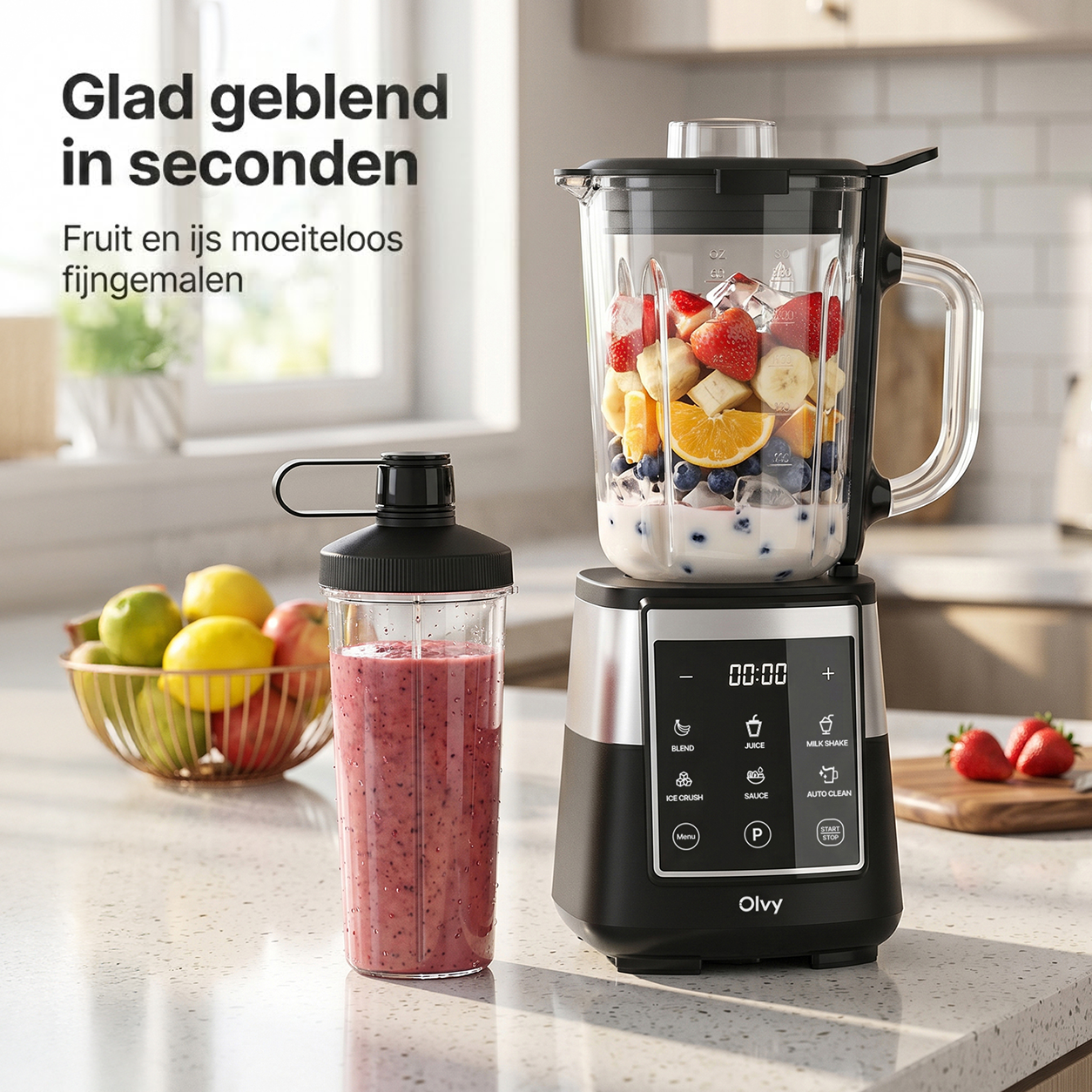 A blender with fruits and ice, next to a smoothie cup. Kitchen background.