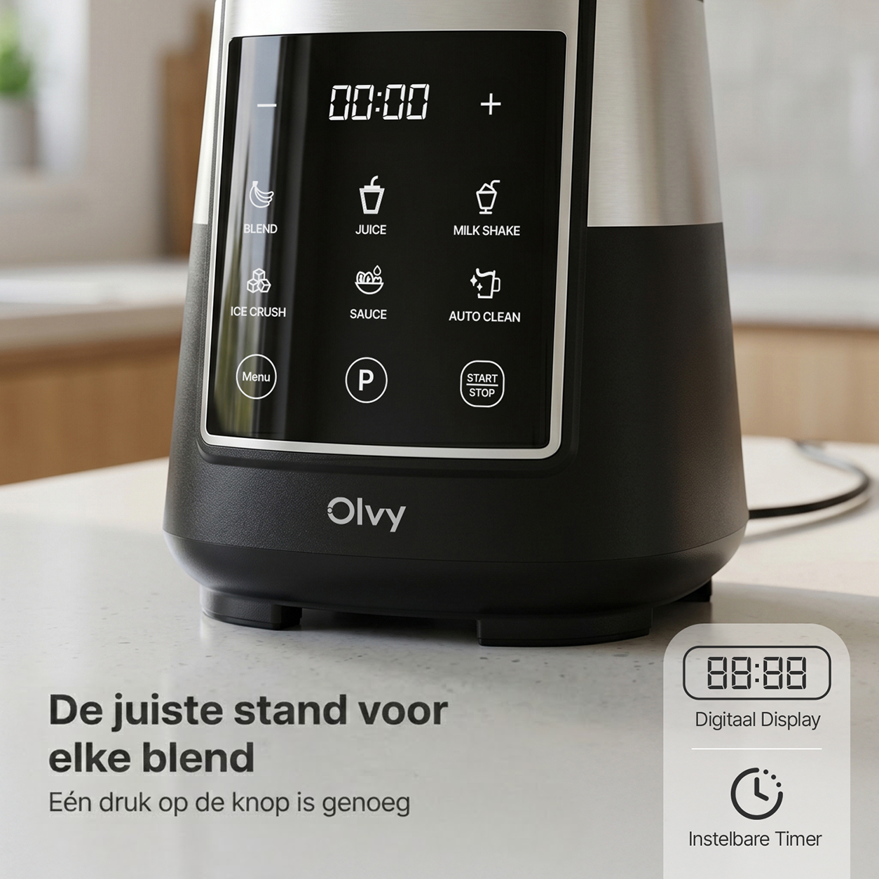 A black blender with a digital display showing functions like Blend, Juice, Milk Shake.