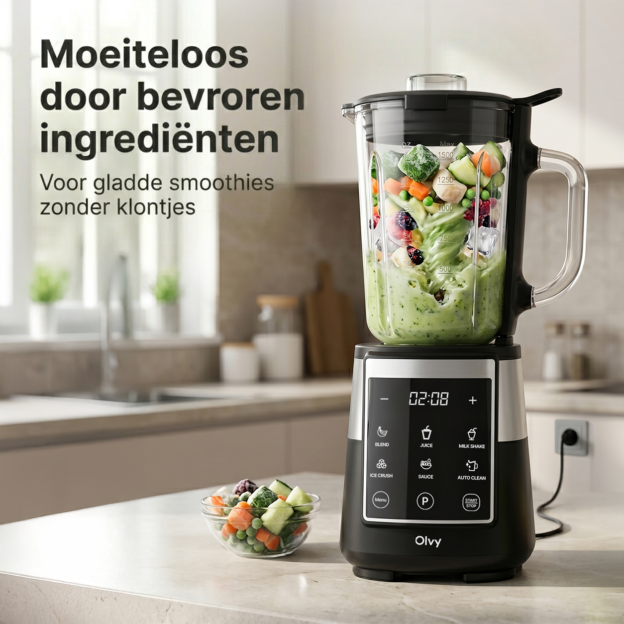 A black blender with frozen fruits and vegetables making a green smoothie.