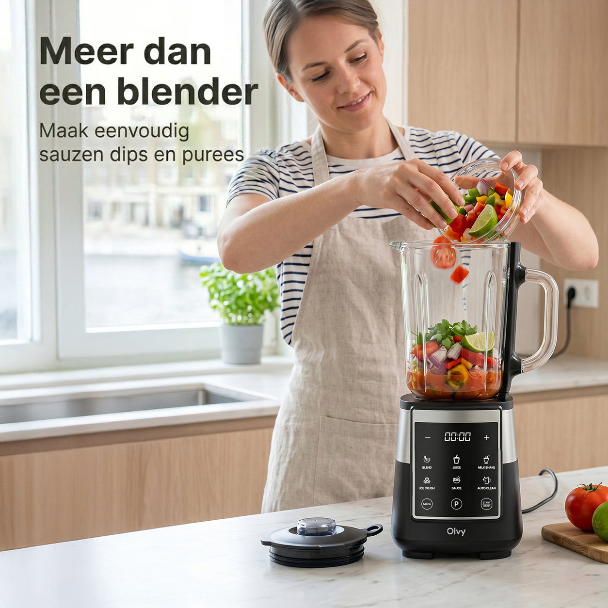 A woman adds vegetables to a blender, making sauces, dips, and purees.