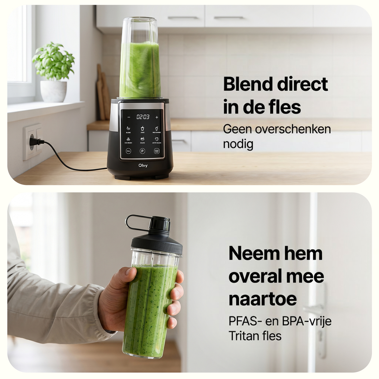 Black blender with glass top filled with green smoothie on a countertop.