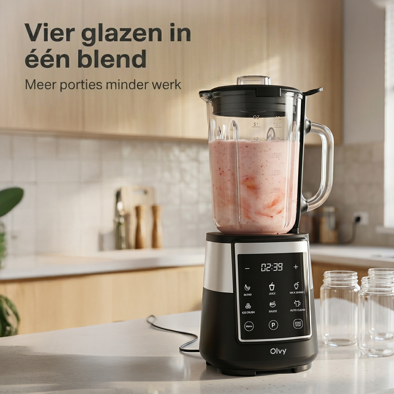 A black blender with a strawberry milkshake, next to three jars.
