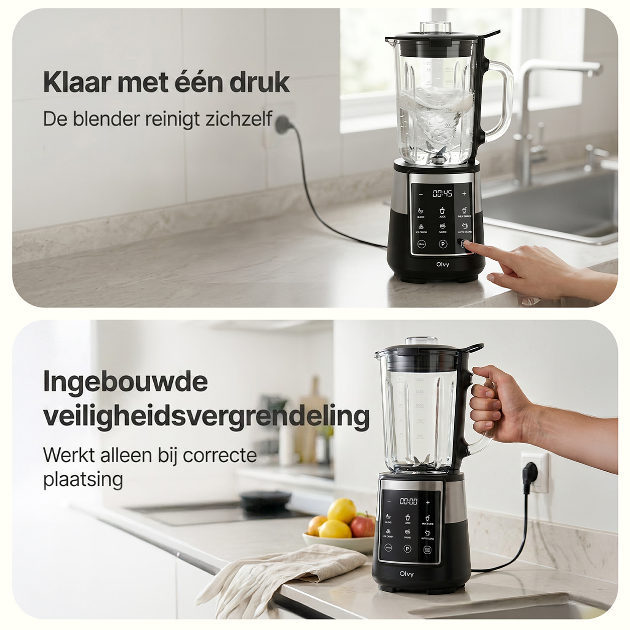 A black blender with a glass jug filled with water. A hand presses a button.