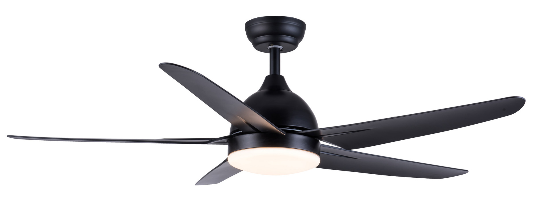 Ventilatore da soffitto nero con cinque pale e centro illuminato.