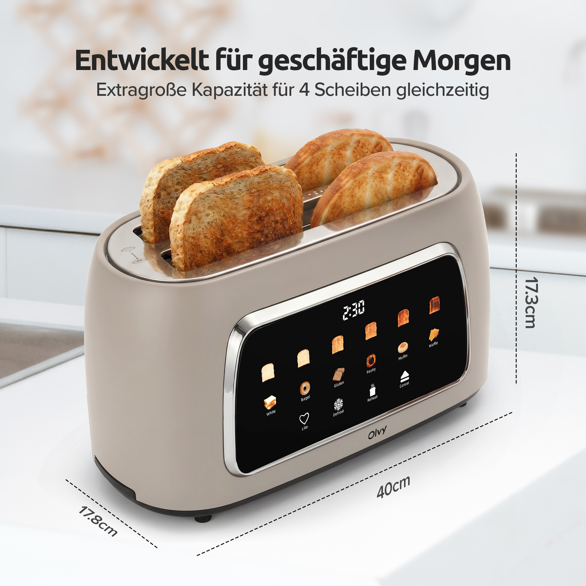 Een beige broodrooster met vier sneetjes toast en een touchscreen display.