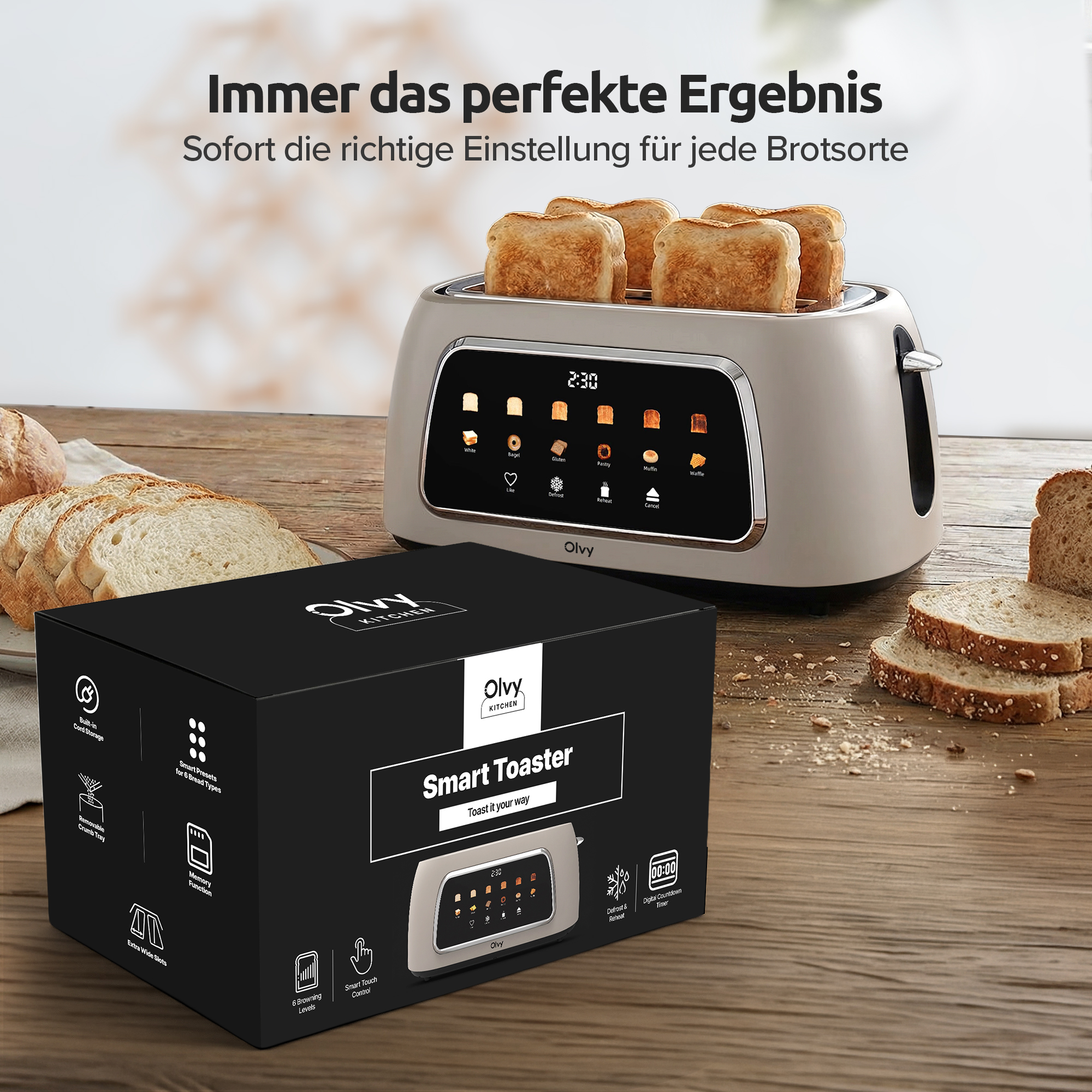 Een beige broodrooster met vier sneetjes toast en een productdoos.