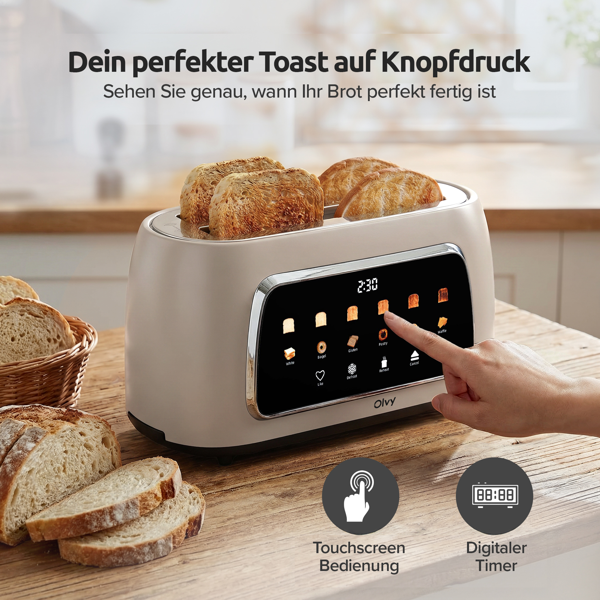 Een moderne broodrooster met touchscreen en toast in de bruiningskamer.