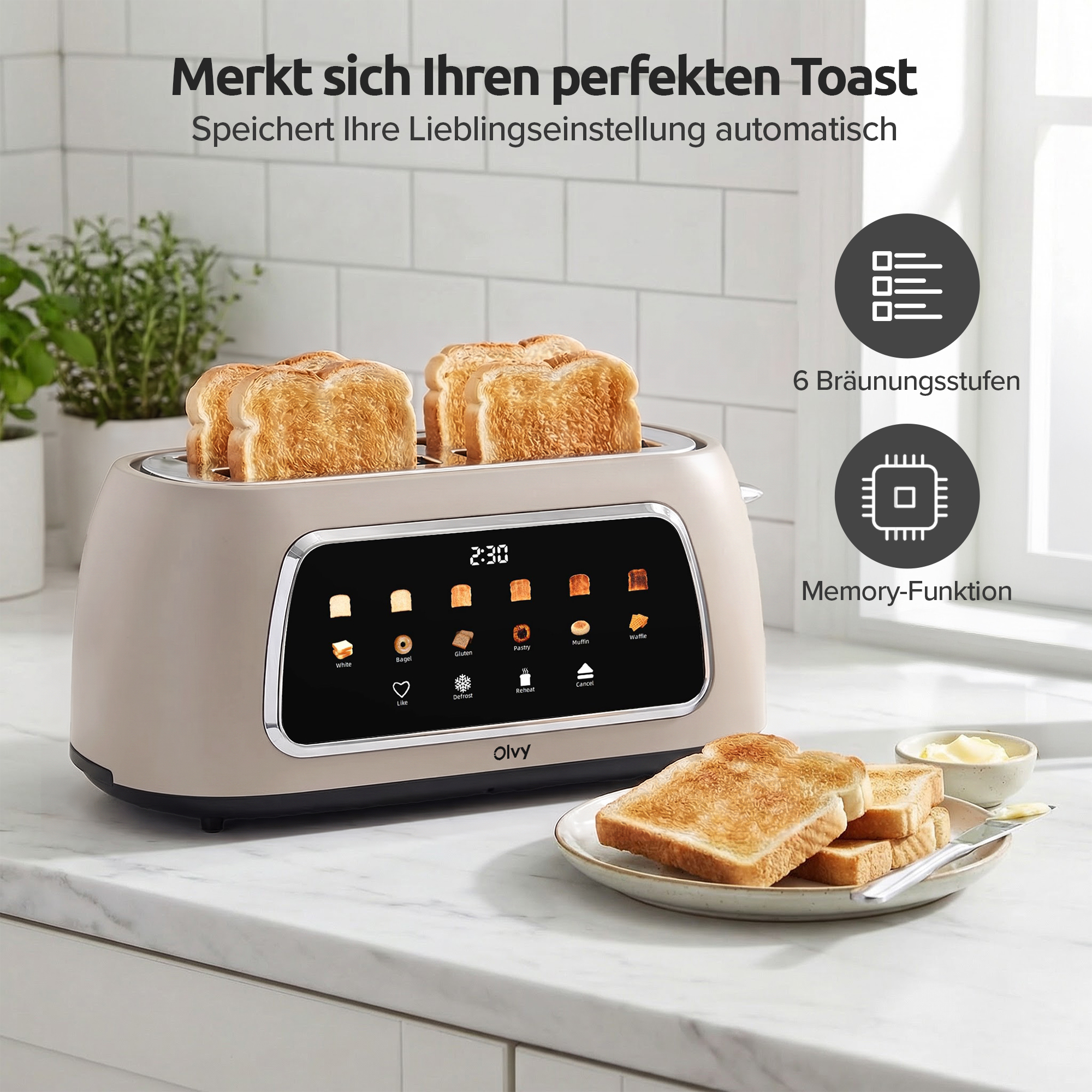 Een beige broodrooster met toast en boter op een marmeren aanrecht.