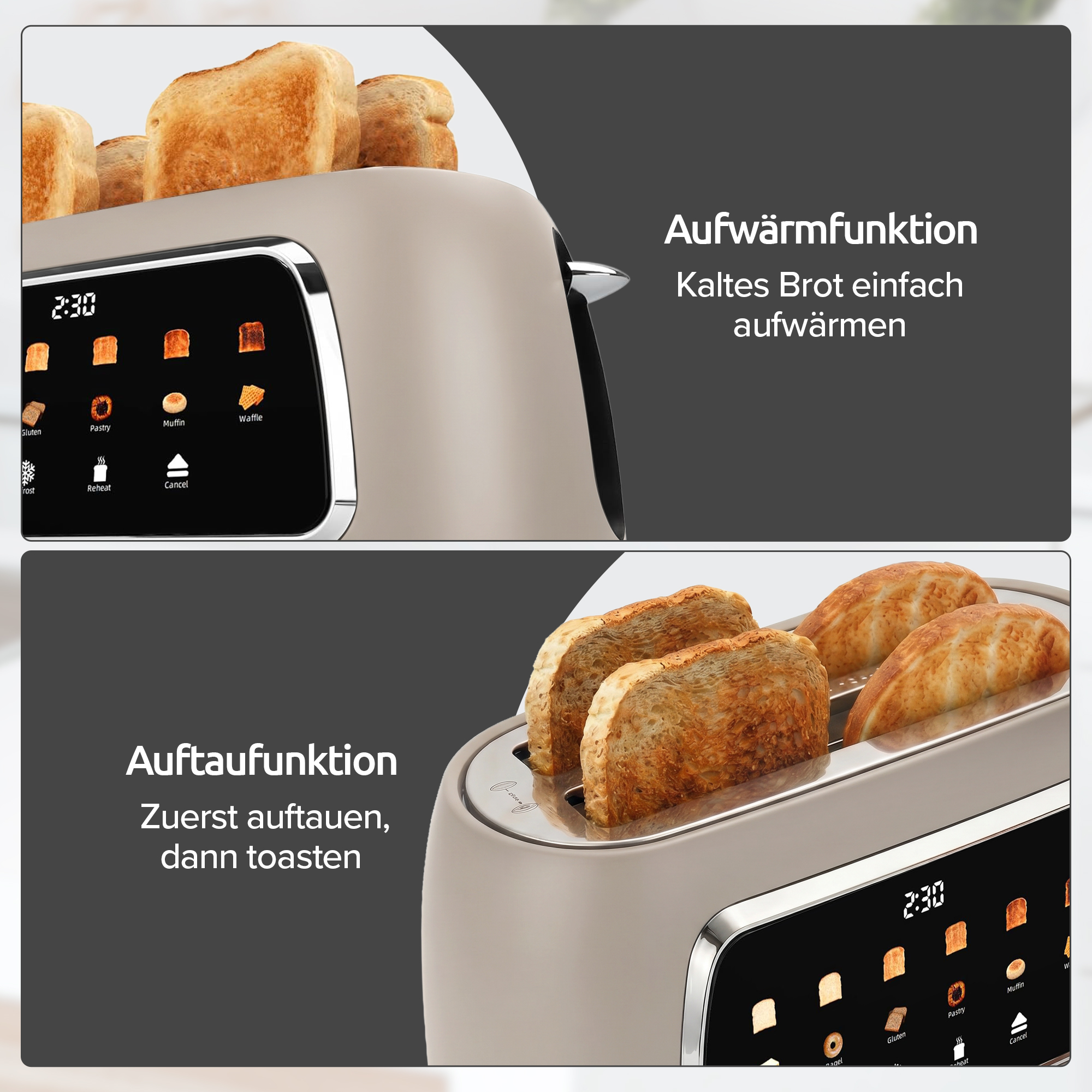 Een moderne broodrooster met toast, bedieningspaneel en tekst.