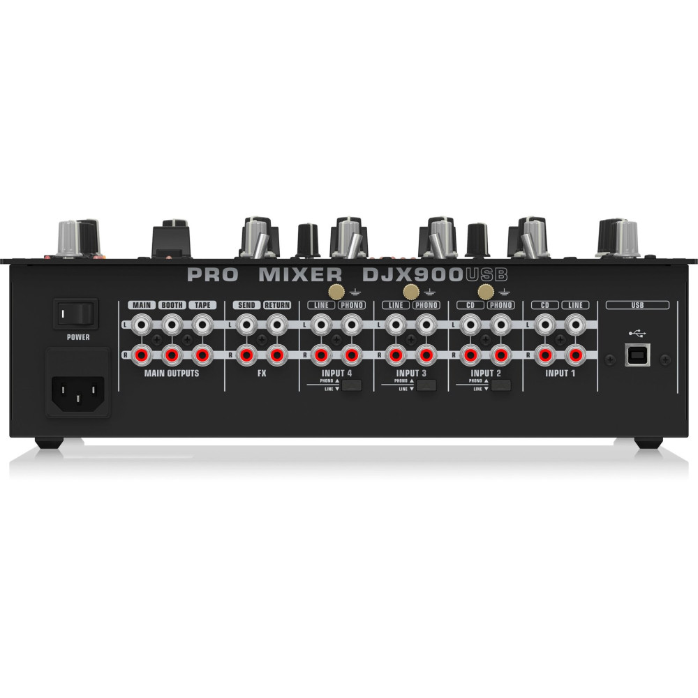 Tył miksera DJ z przyłączami zasilania, audio, FX i USB.
