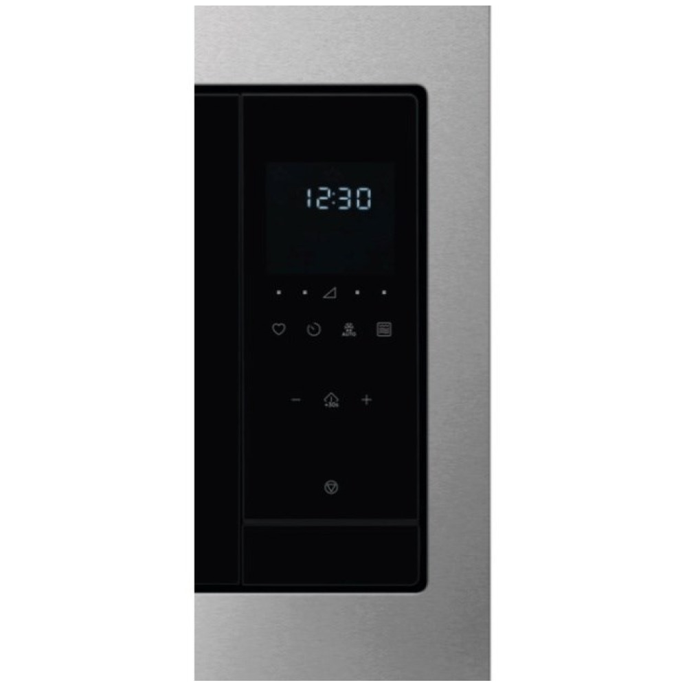 Pannello di controllo microonde in acciaio inox con display digitale che mostra le 12:30.