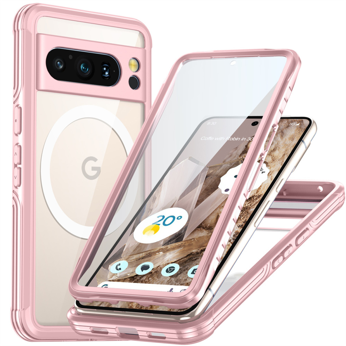 Una custodia rosa per telefono con retro trasparente che mostra il logo 'G' di Google e le lenti.