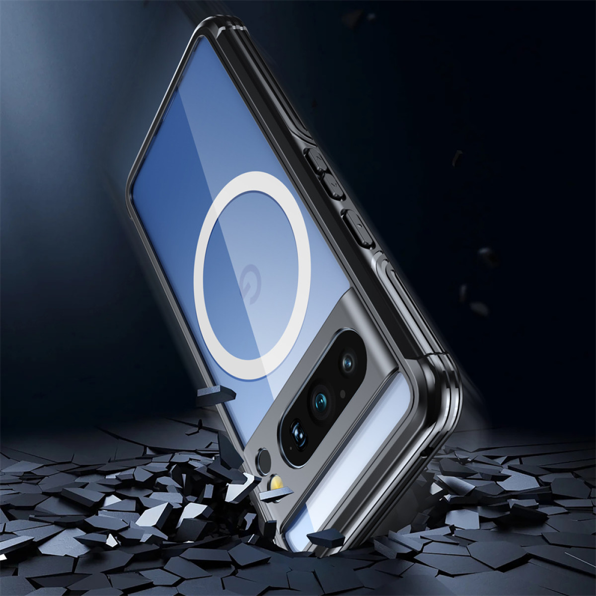 Una custodia per telefono con anello magnetico, che attraversa una superficie scura e screpolata.