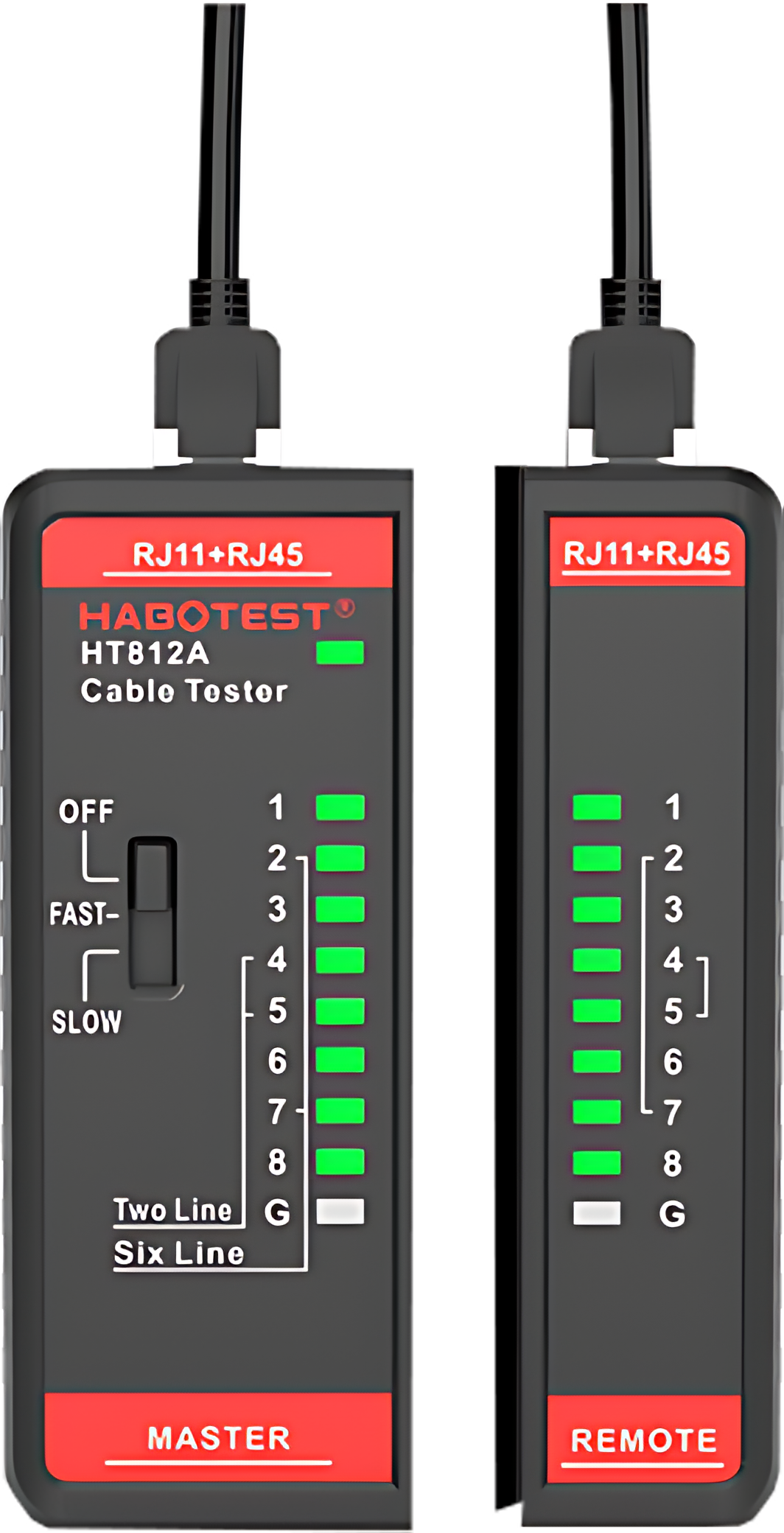 Dwa testery kabli Habotest HT812A, jednostki master i zdalna, z zielonymi wskaźnikami LED.