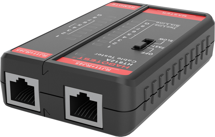 Czarny tester kabli z portami RJ11/RJ45 i czerwonymi oznaczeniami.