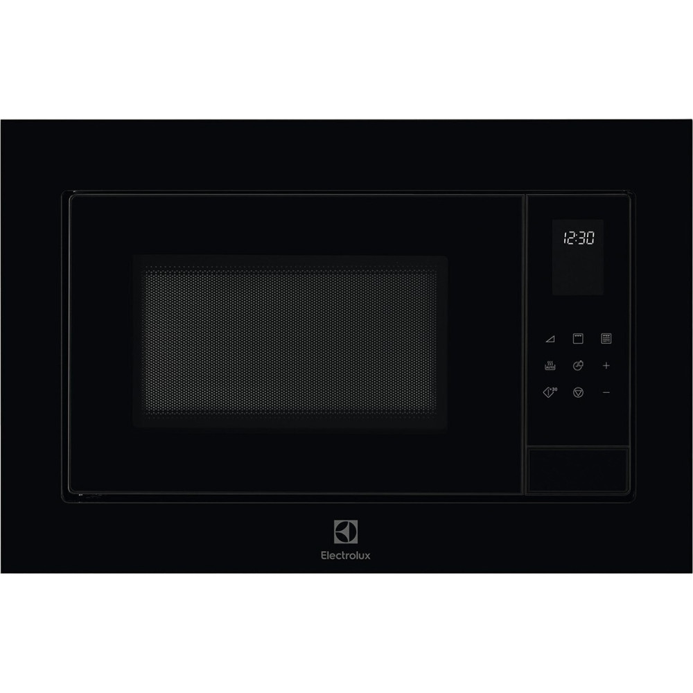 Czarna kuchenka mikrofalowa z cyfrowym wyświetlaczem i przyciskami, logo Electrolux na dole.