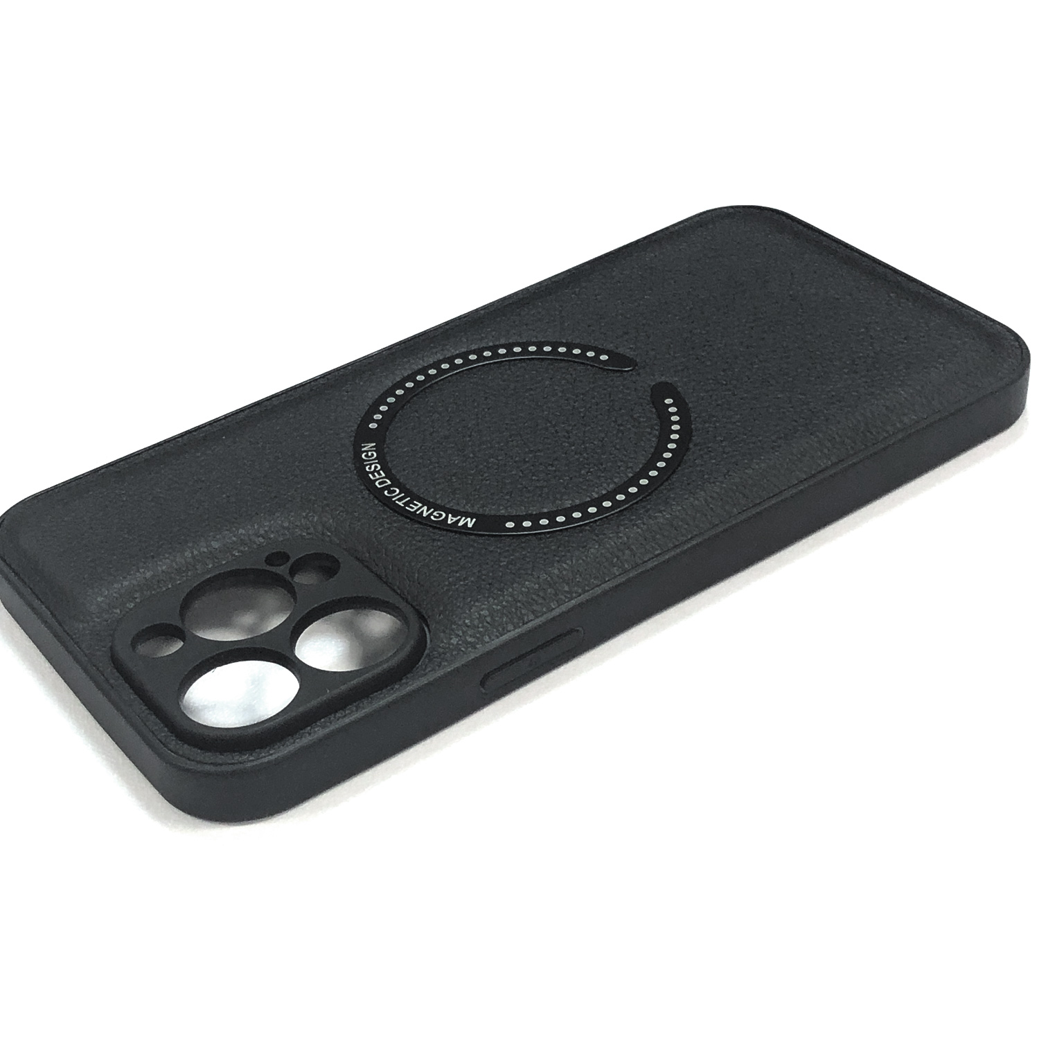 Schwarze Handyhülle mit Magnetring und Kameraausschnitt.