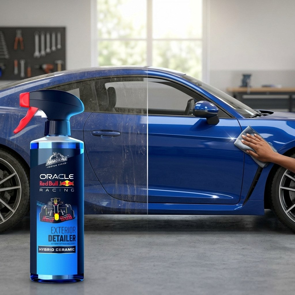 Un'auto blu è mostrata metà sporca e metà pulita, con flacone spray.