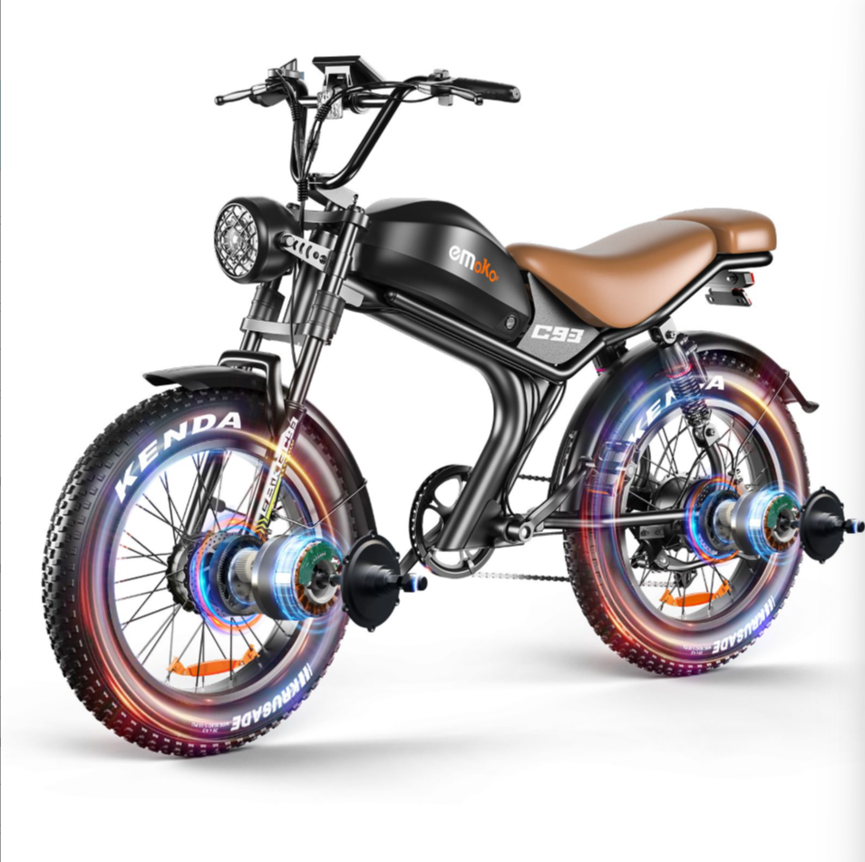 Una e-bike nera con sella marrone e motori al mozzo luminosi.