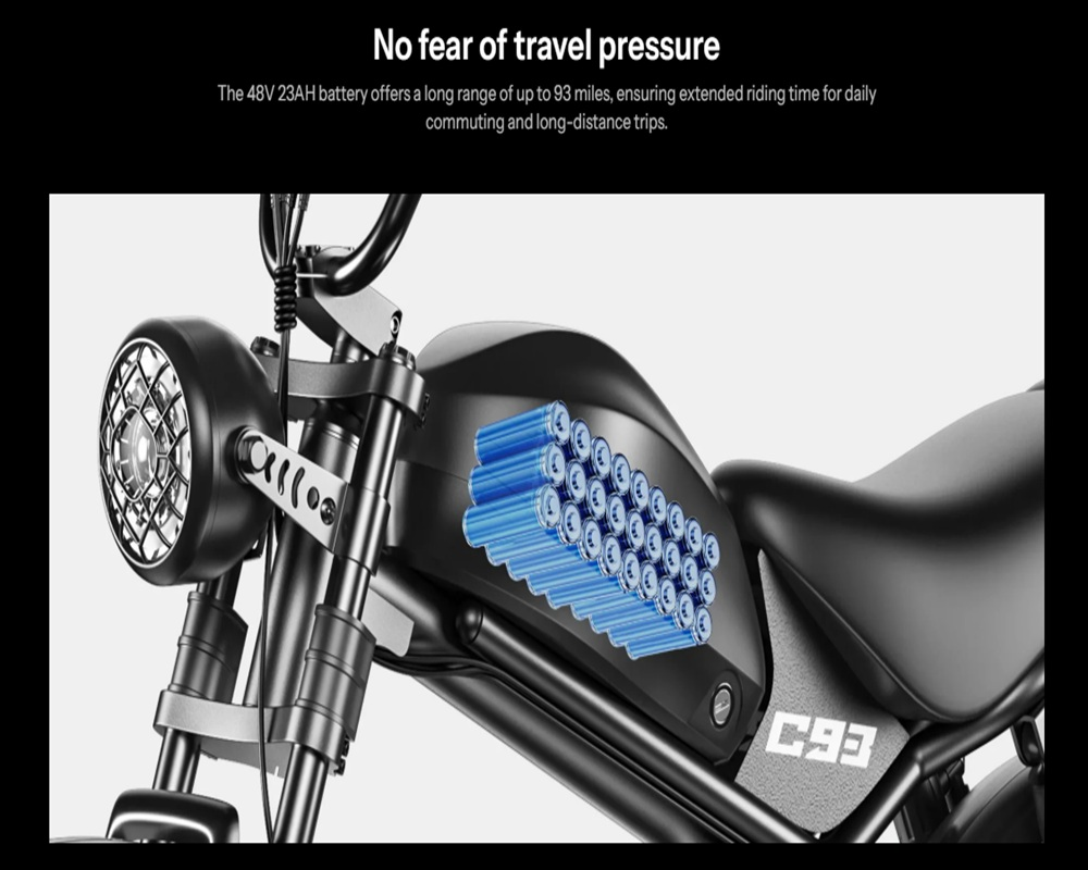 Motocicletta nera con celle della batteria visibili nel serbatoio. Testo menziona batteria 48V 23AH.