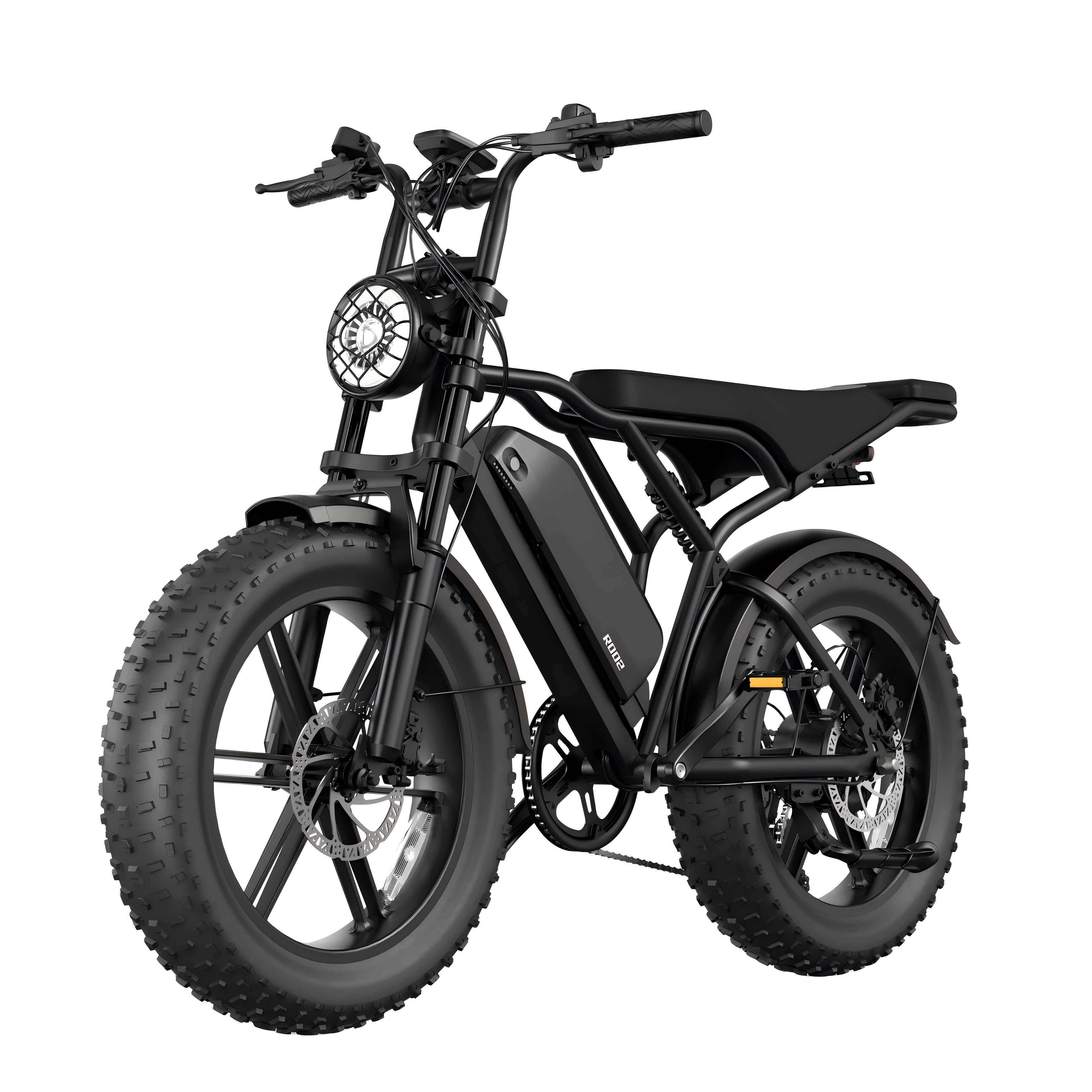 Ein schwarzes E-Bike mit dicken Reifen, einer runden Lampe und einem Akku.