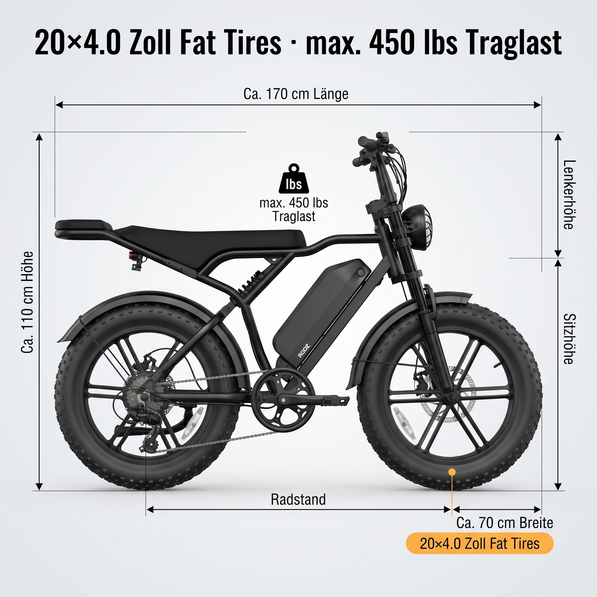 Schwarzes E-Bike mit fetten Reifen, Maße: 170cm L, 110cm H, 70cm B. Max. Traglast 450 lbs.