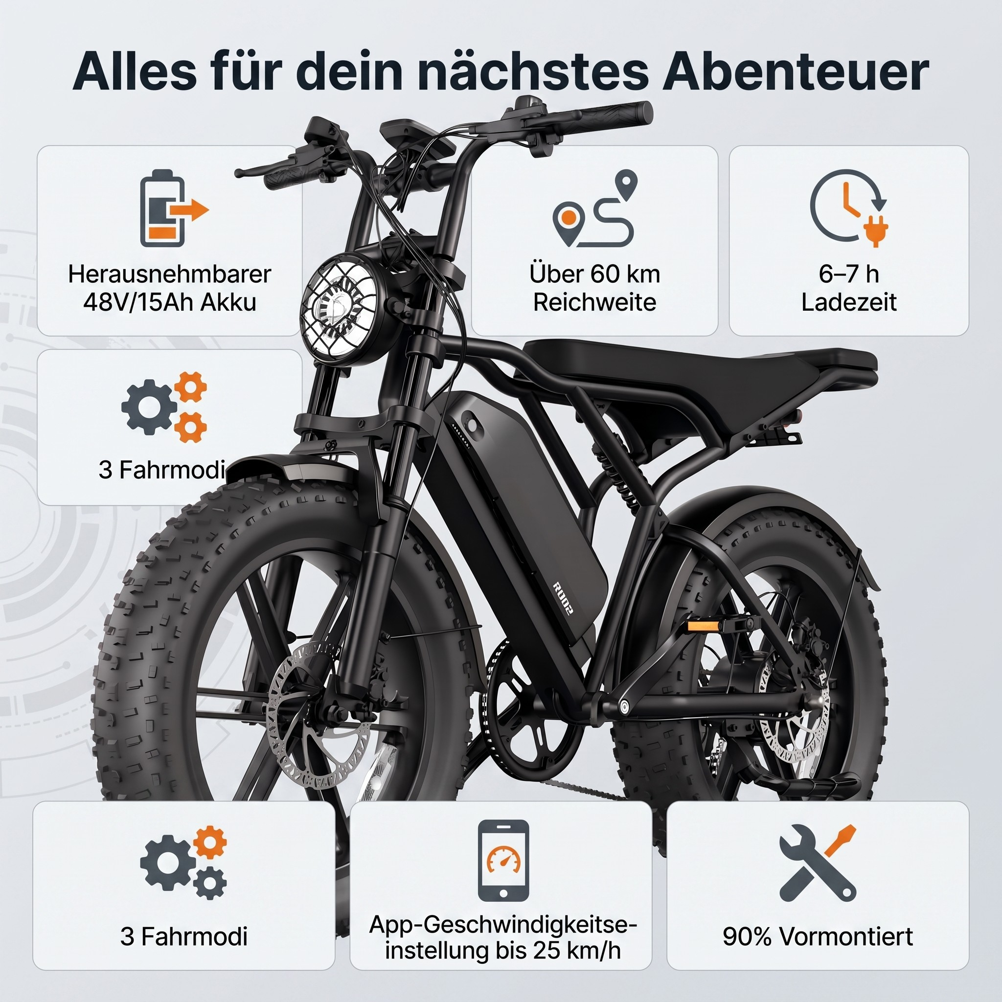 Schwarzes E-Bike mit abnehmbarem Akku, über 60 km Reichweite, 3 Fahrmodi.