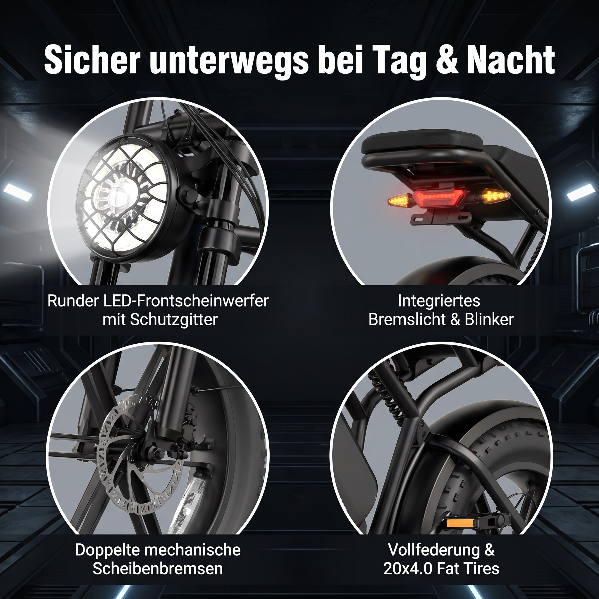 Details eines schwarzen Fahrrads: runder Scheinwerfer, Rücklicht, Scheibenbremsen, dicke Reifen.