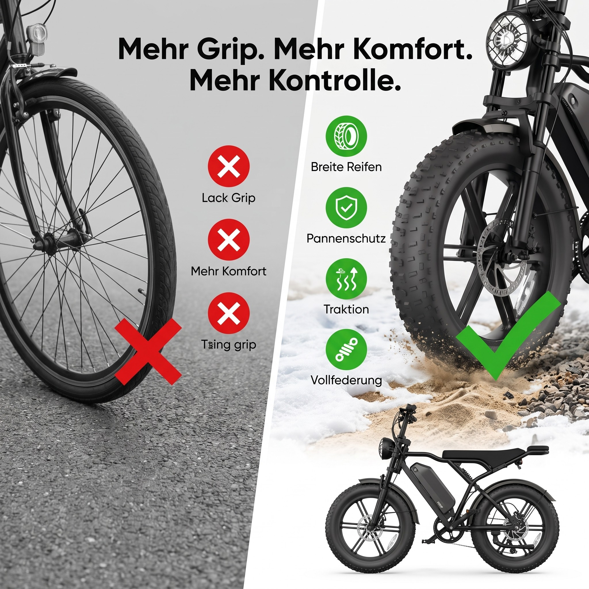 Vergleich von Fahrradreifen: Links schmale Reifen mit roten Kreuzen, rechts breite Reifen mit grünen Haken.