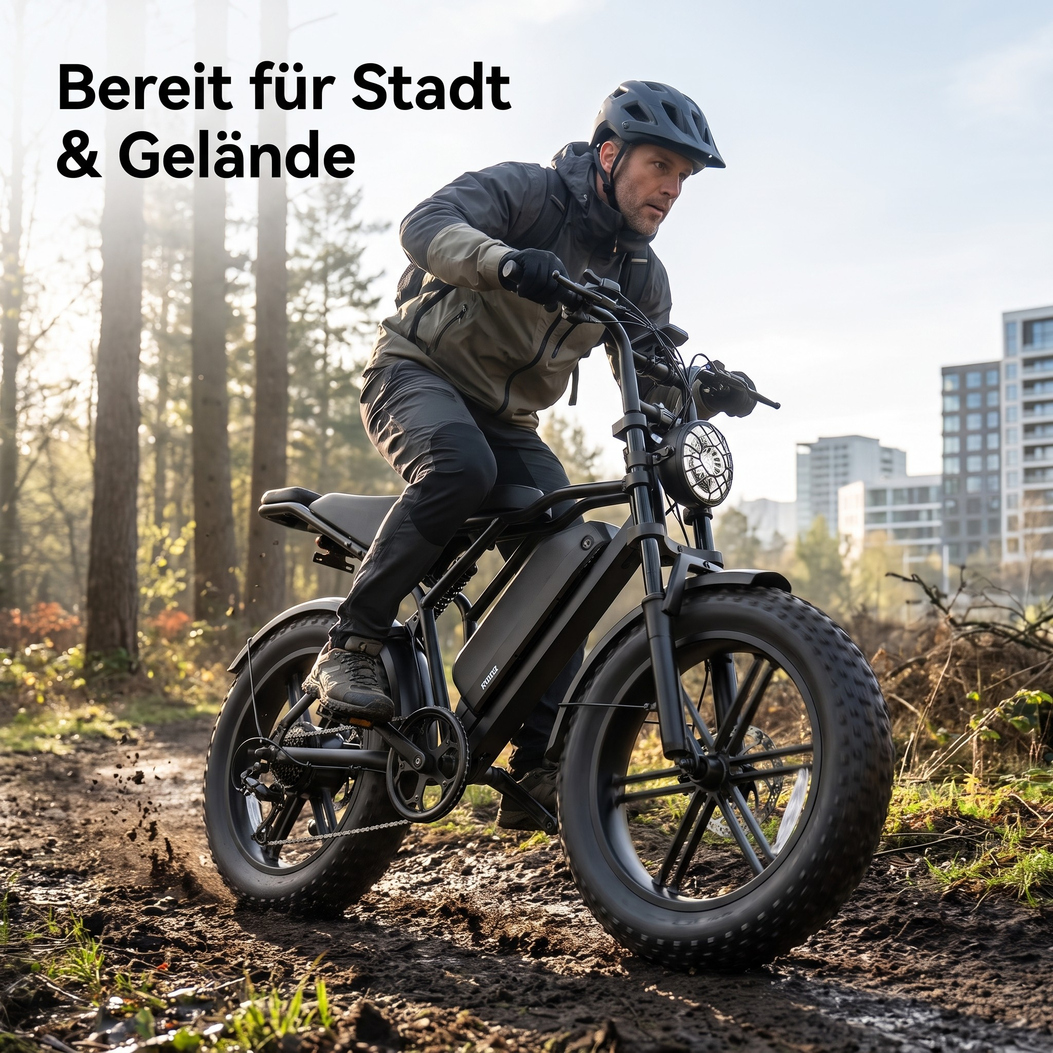 Ein Mann fährt ein schwarzes E-Bike auf einem matschigen Waldweg, Gebäude im Hintergrund.