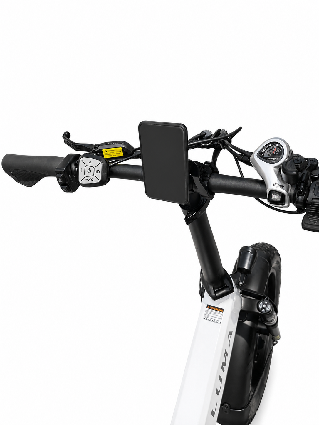Nahaufnahme des Lenkers eines weißen E-Bikes mit Handyhalterung und Bedienelementen.