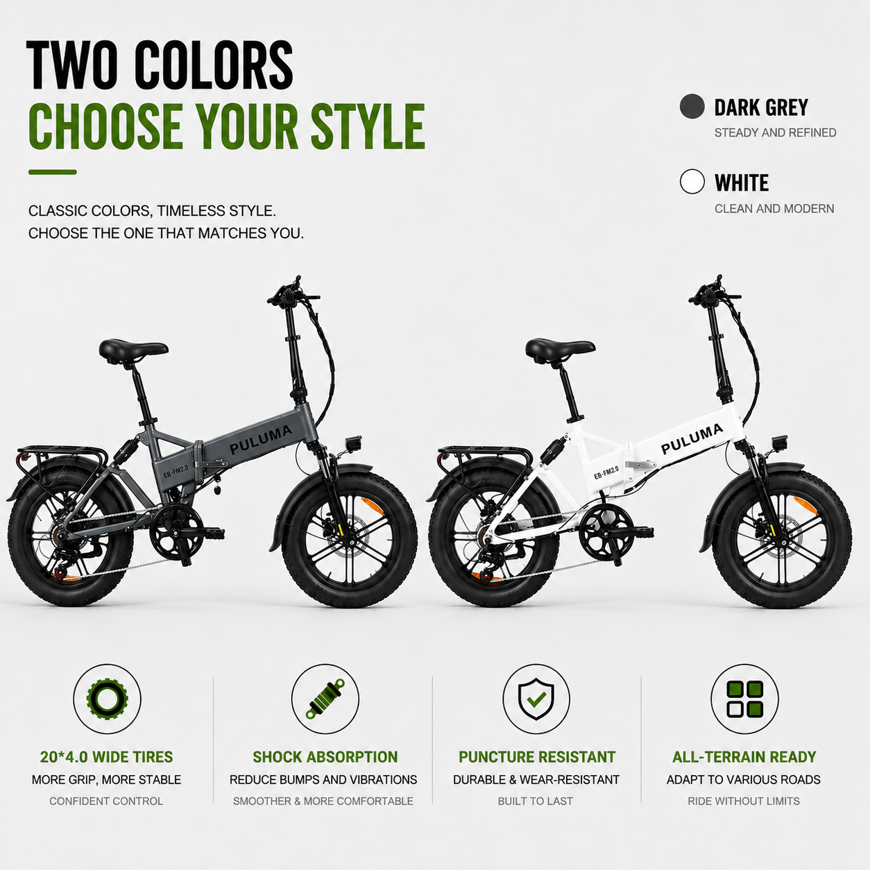 Zwei faltbare E-Bikes, eins dunkelgrau, eins weiß. Text: Zwei Farben, wähle deinen Stil.