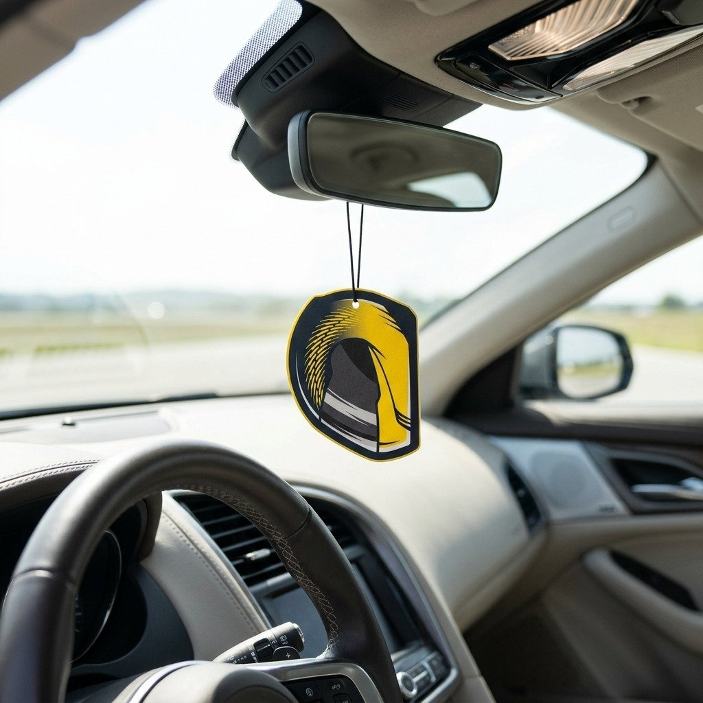 Un deodorante per auto a forma di casco da corsa giallo è appeso in un'auto davanti allo specchietto retrovisore.