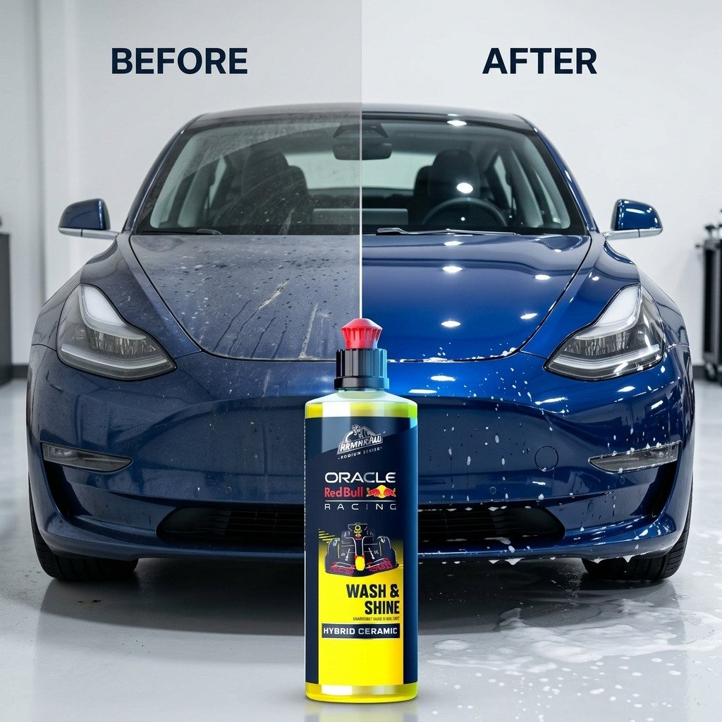 Prima/Dopo: Tesla blu, un lato sporco, l'altro lucido. Bottiglia di prodotto presente.