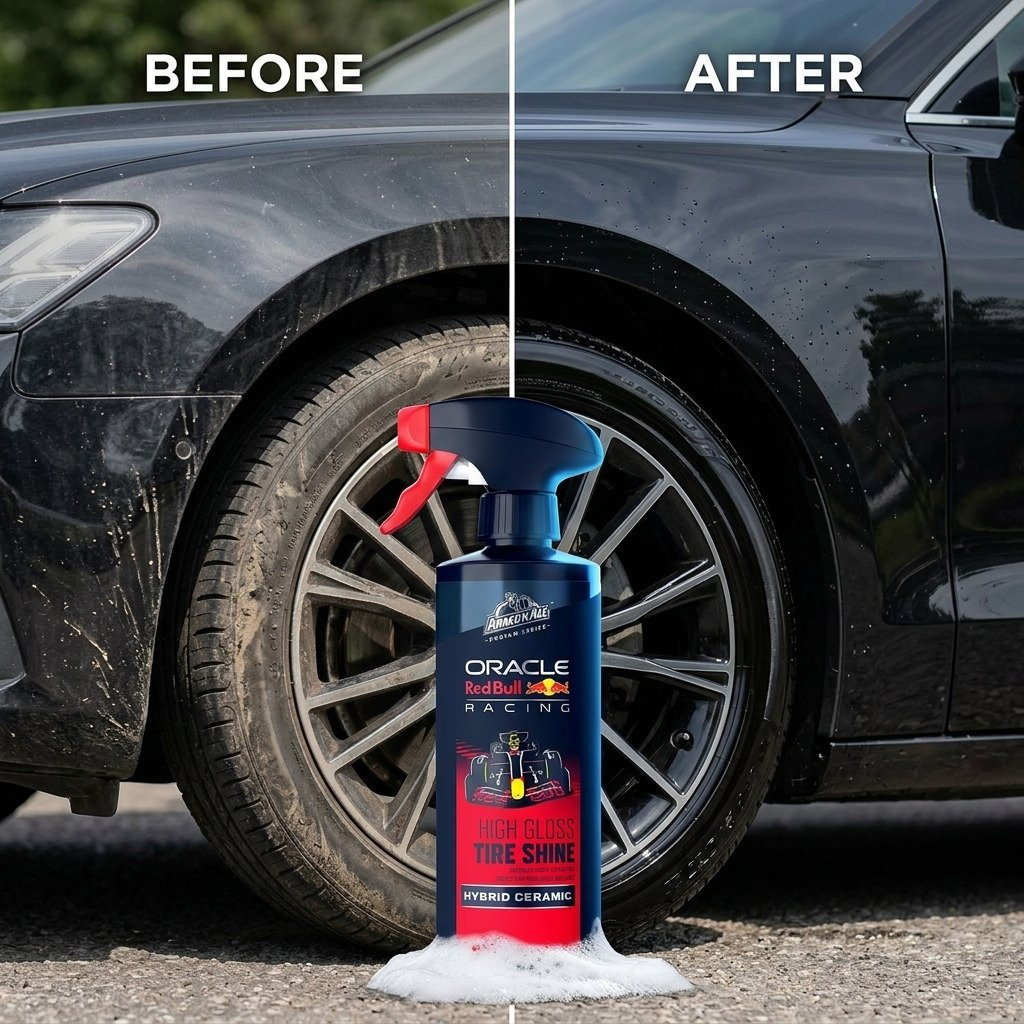 Prima e dopo di uno pneumatico auto pulito e lucidato con spray.