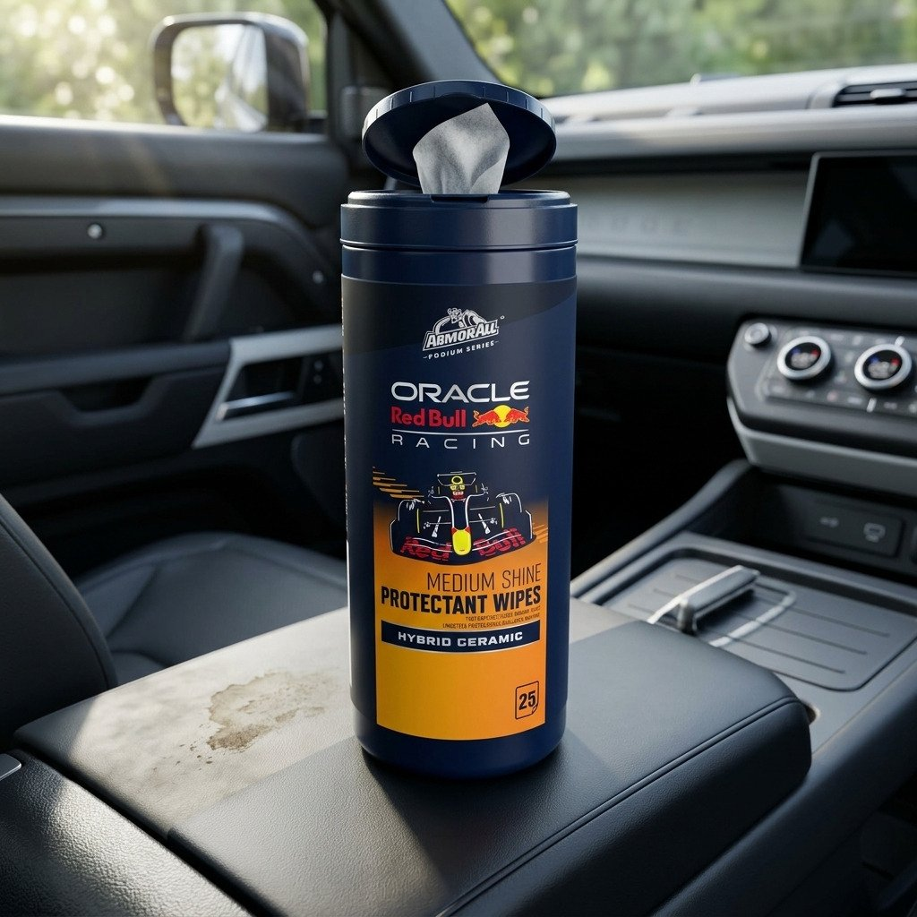 Contenitore con etichetta Oracle Red Bull Racing sul bracciolo della console centrale dell'auto.