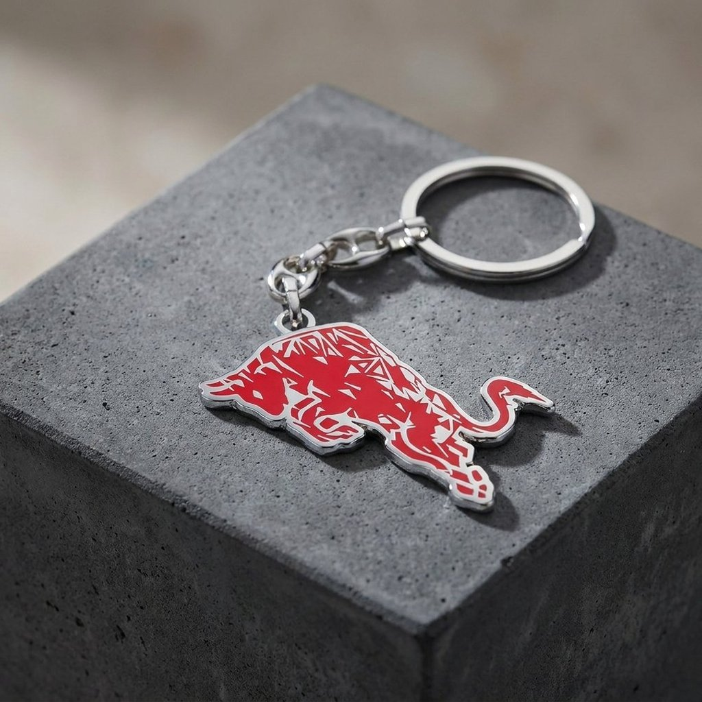 Un portachiavi toro rosso poggia su un cubo di cemento. Design dettagliato.