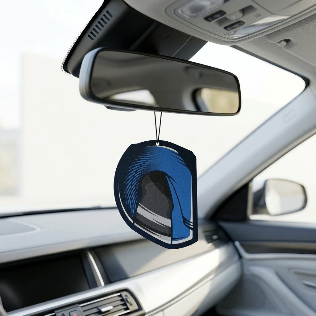 Un profumatore a forma di casco da corsa blu è appeso allo specchietto retrovisore dell'auto.