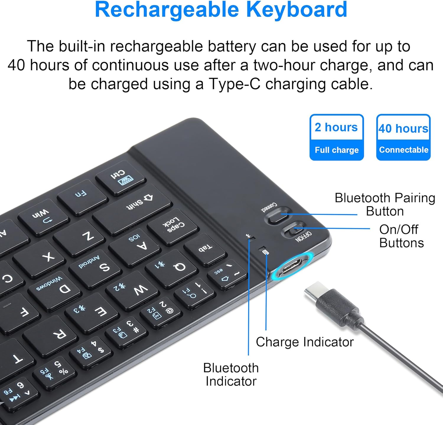 Schwarze wiederaufladbare Tastatur mit Typ-C-Anschluss. Zeigt Ladedetails: 2 Std voll, 40 Std. verbunden.