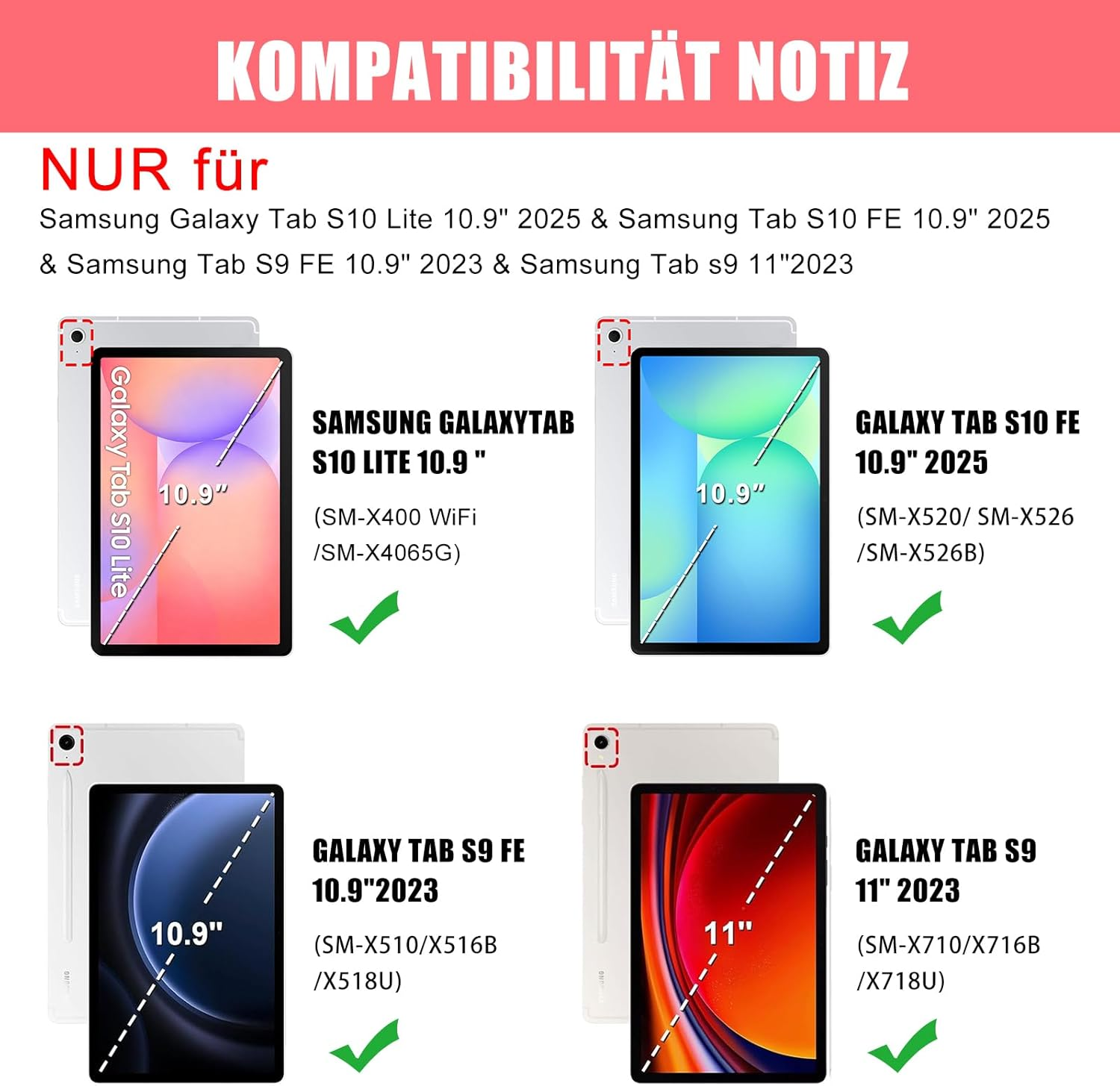 Kompatibilitätsnotiz für Samsung Tablets: S10 Lite, S10 FE, S9 FE, S9.