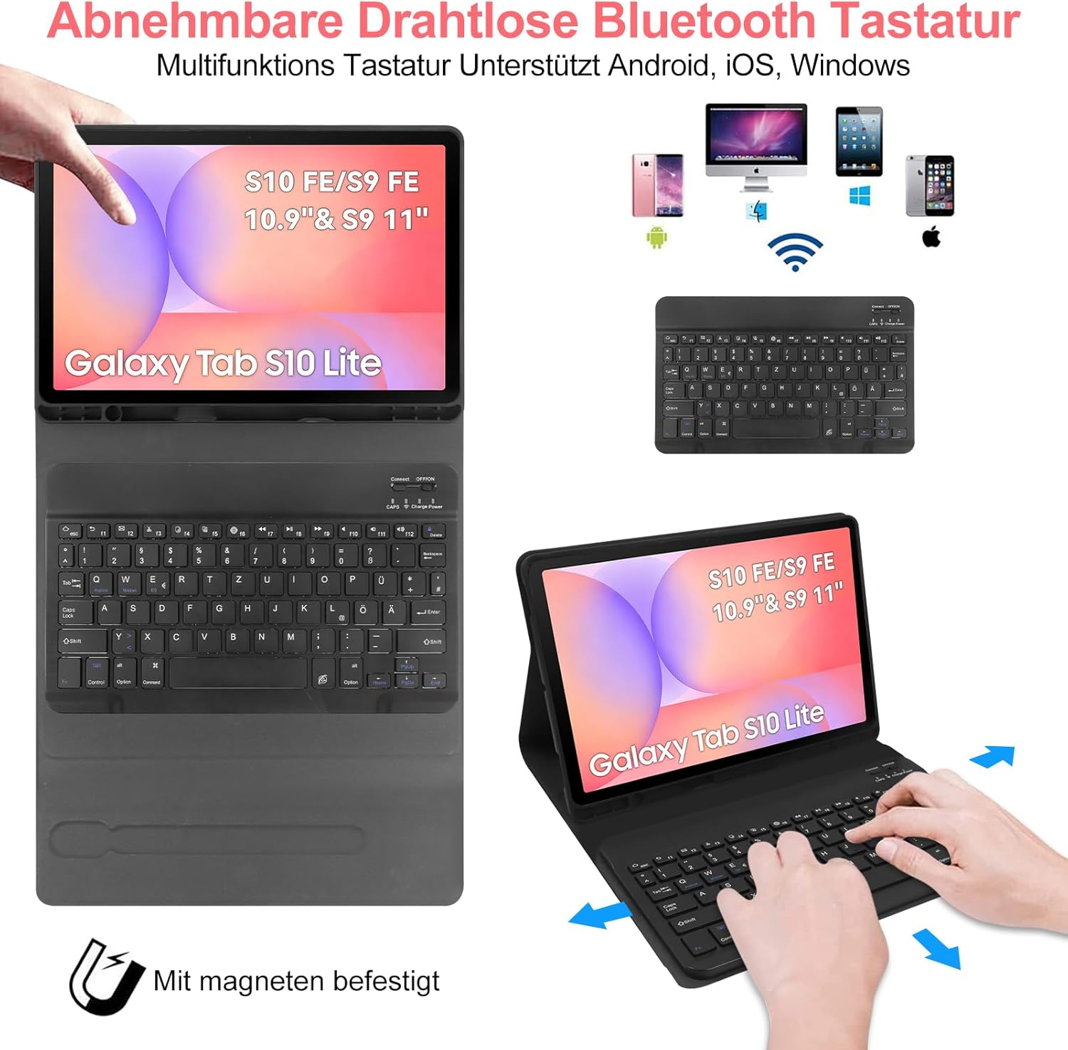 Abnehmbare Bluetooth-Tastatur mit Tablet-Halterung und Geräten.