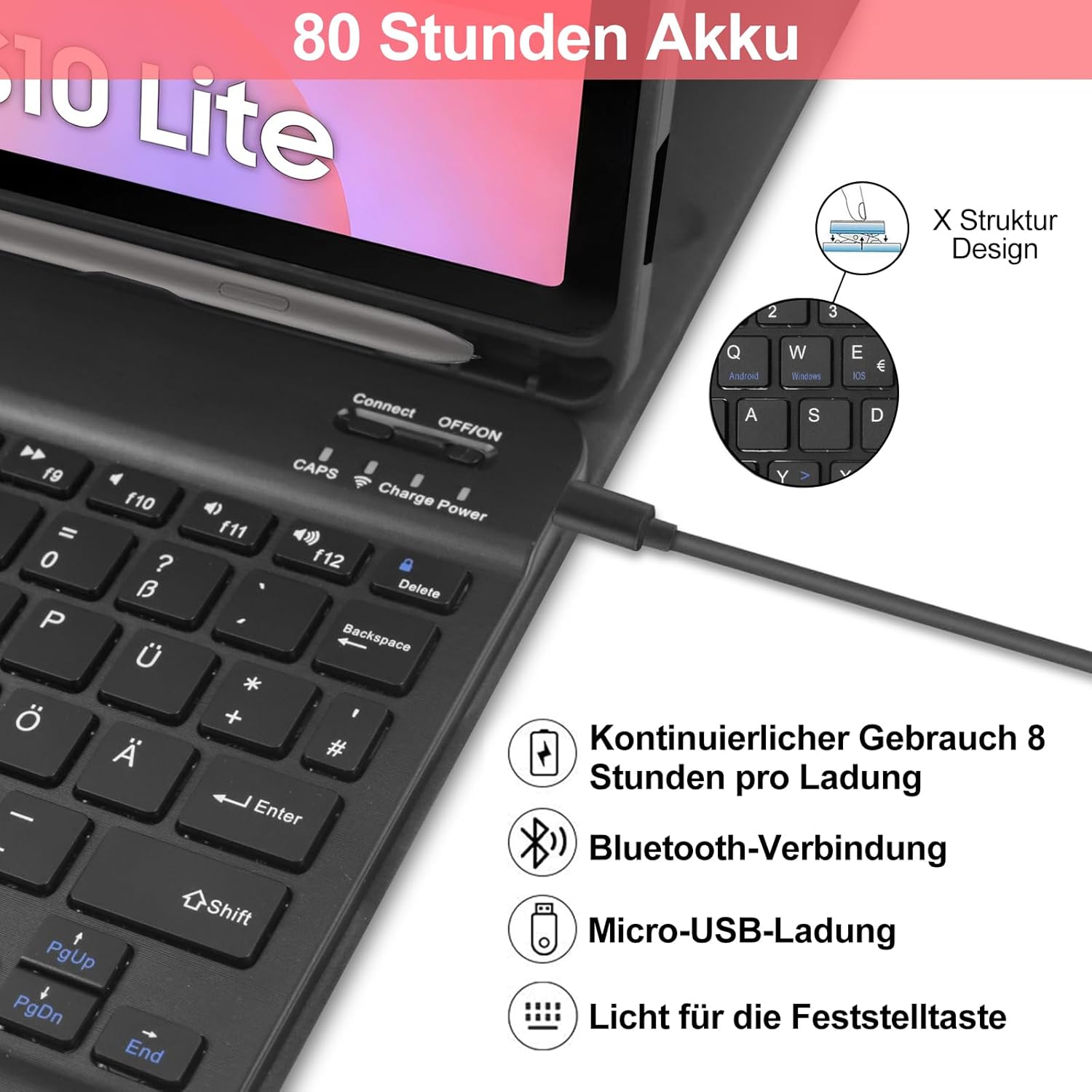 Tablet-Tastatur mit Text '80 Stunden Akku', USB-Anschluss, Tasten.