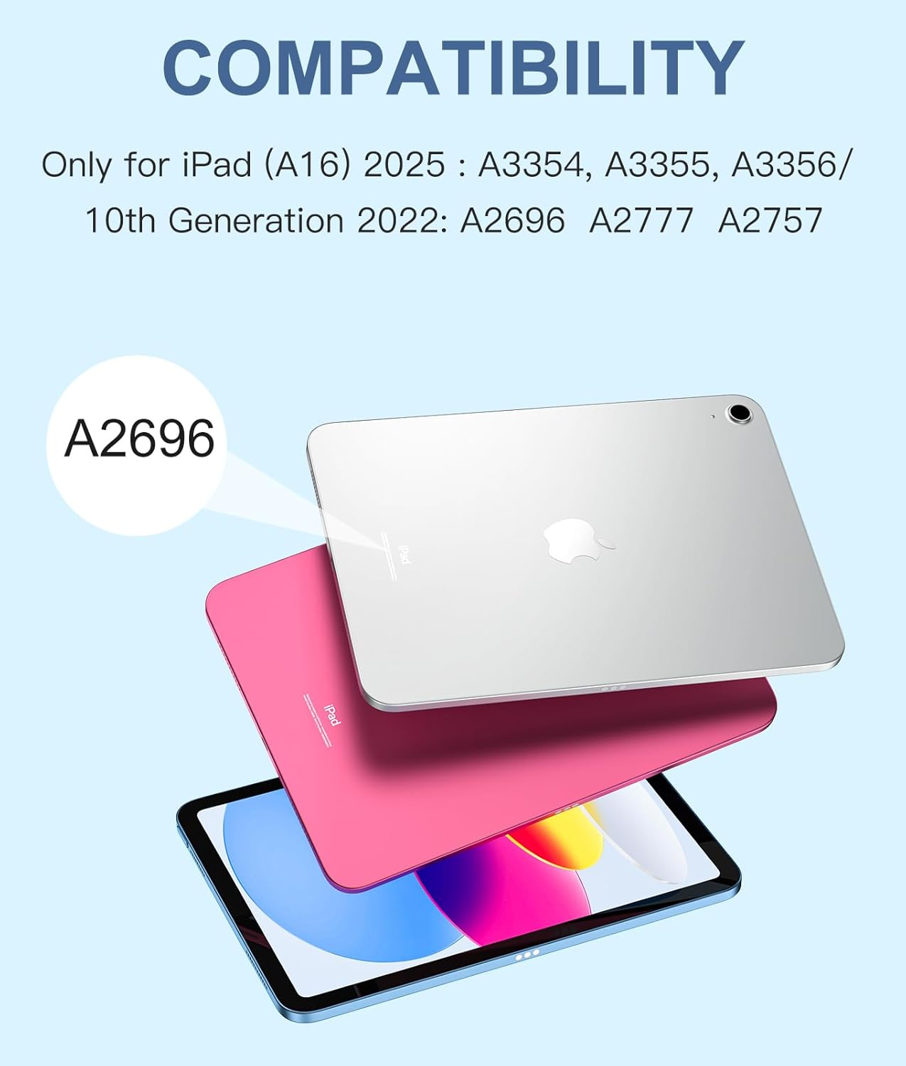 Silbernes iPad mit rosa Hülle und blauem Display auf hellblauem Hintergrund.
