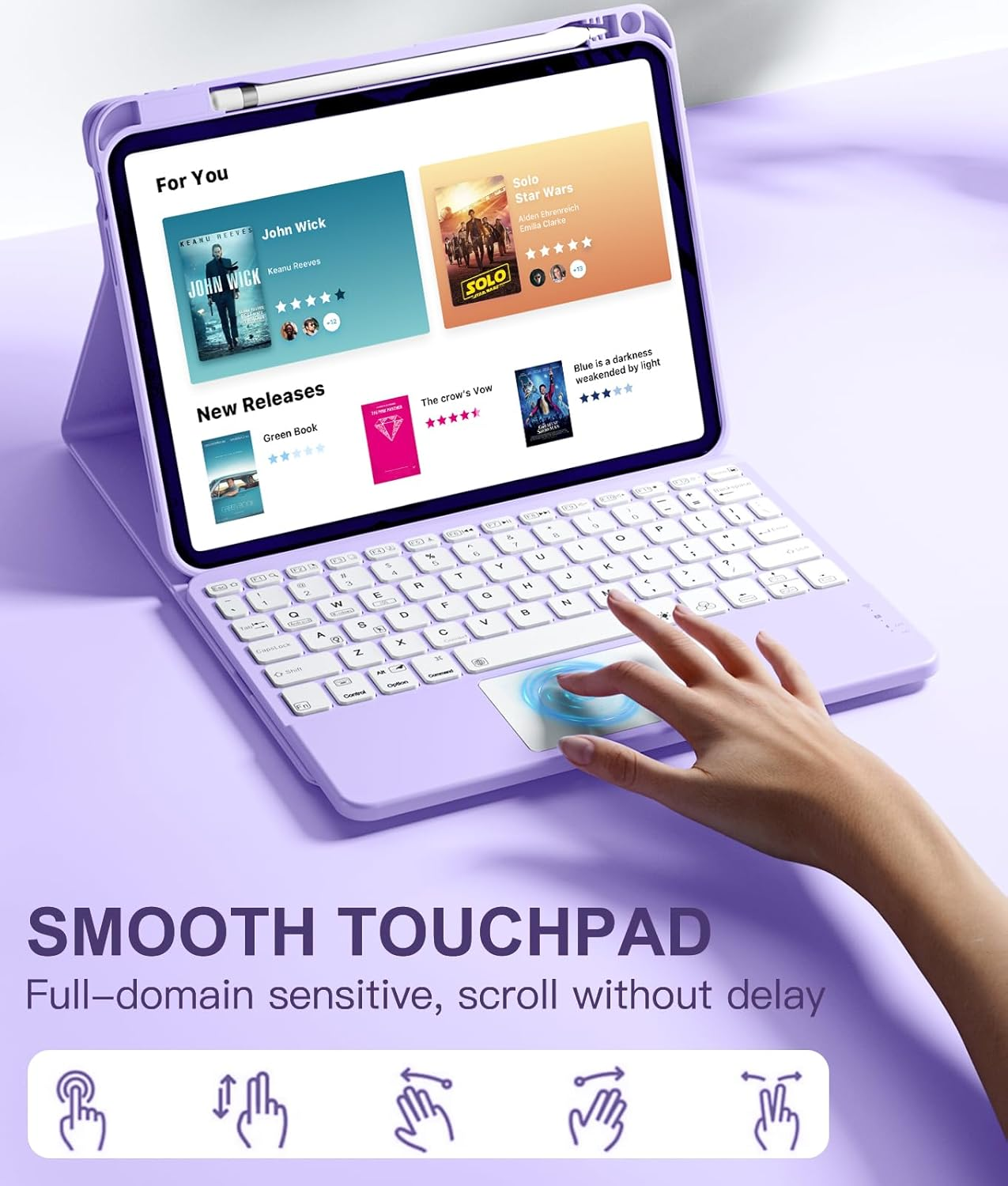 Ein lila Tablet mit Tastatur, das Filmplakate und eine Hand auf dem Touchpad anzeigt.