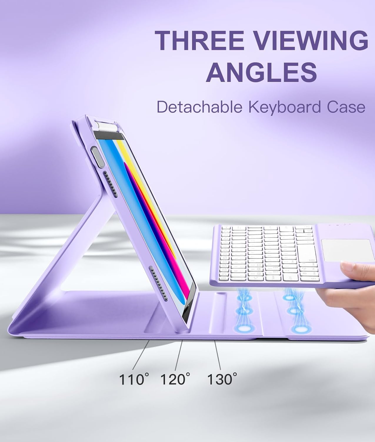 Lila Tablet-Hülle mit abnehmbarer Tastatur, zeigt 3 Blickwinkel: 110°, 120°, 130°.