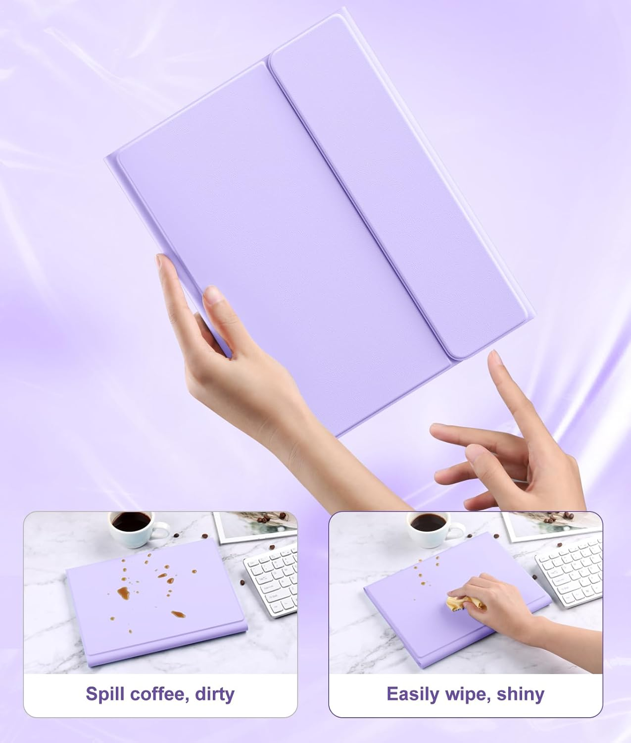 Lila Tablet-Hülle wird mit Kaffee verschüttet und abgewischt.
