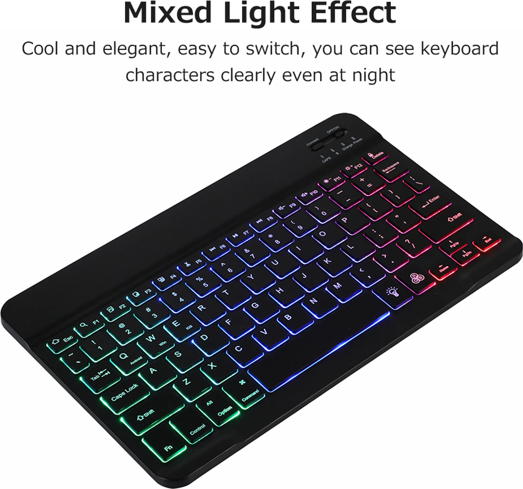 Eine schwarze Tastatur mit bunten beleuchteten Tasten, die grünes, blaues und rosa Licht zeigen.