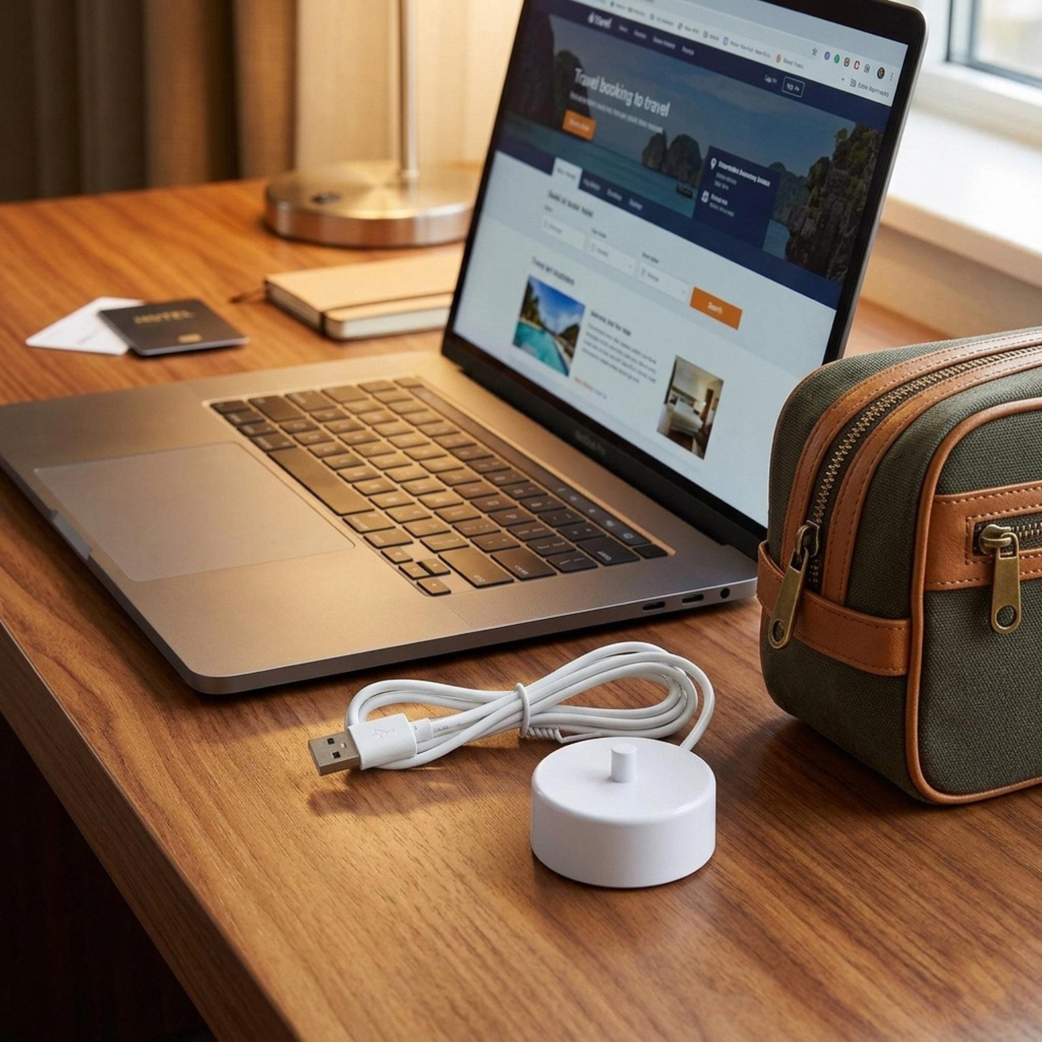 Ein Laptop ist auf einem Holztisch geöffnet, daneben ein Ladekabel und ein kleiner weißer Ladeadapter.
