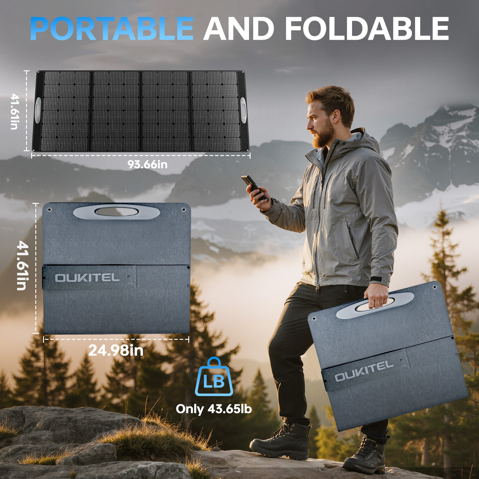 Un hombre lleva un panel solar plegable en las montañas. Se muestran dimensiones y peso.