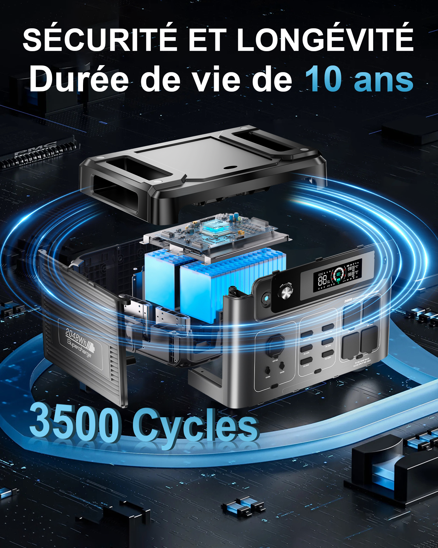 Una central eléctrica desmontada muestra baterías azules, circuitos y puertos.